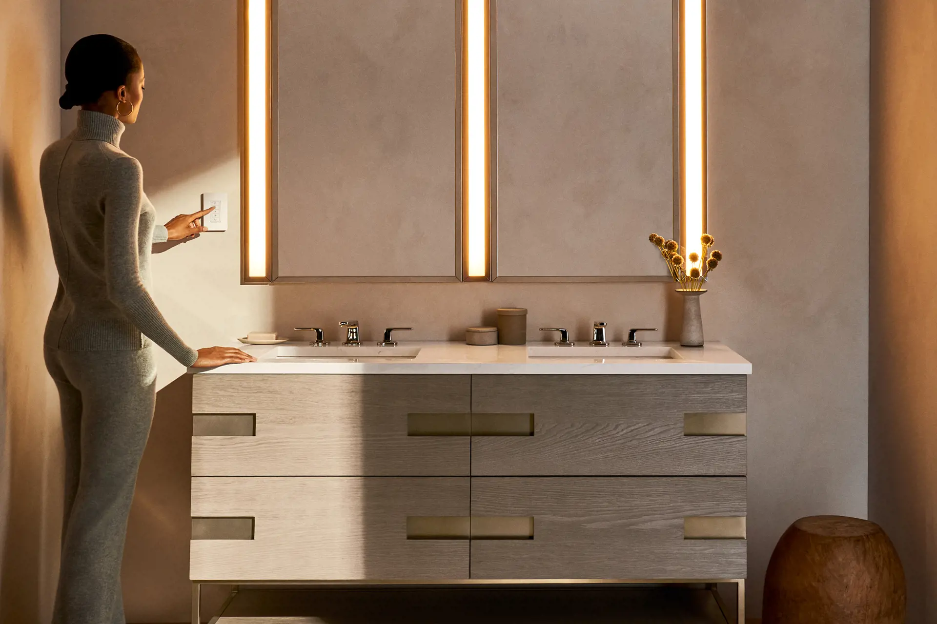 luxury bathroom vanities, lighted mirrors, beautiful minimalist modern bathroom